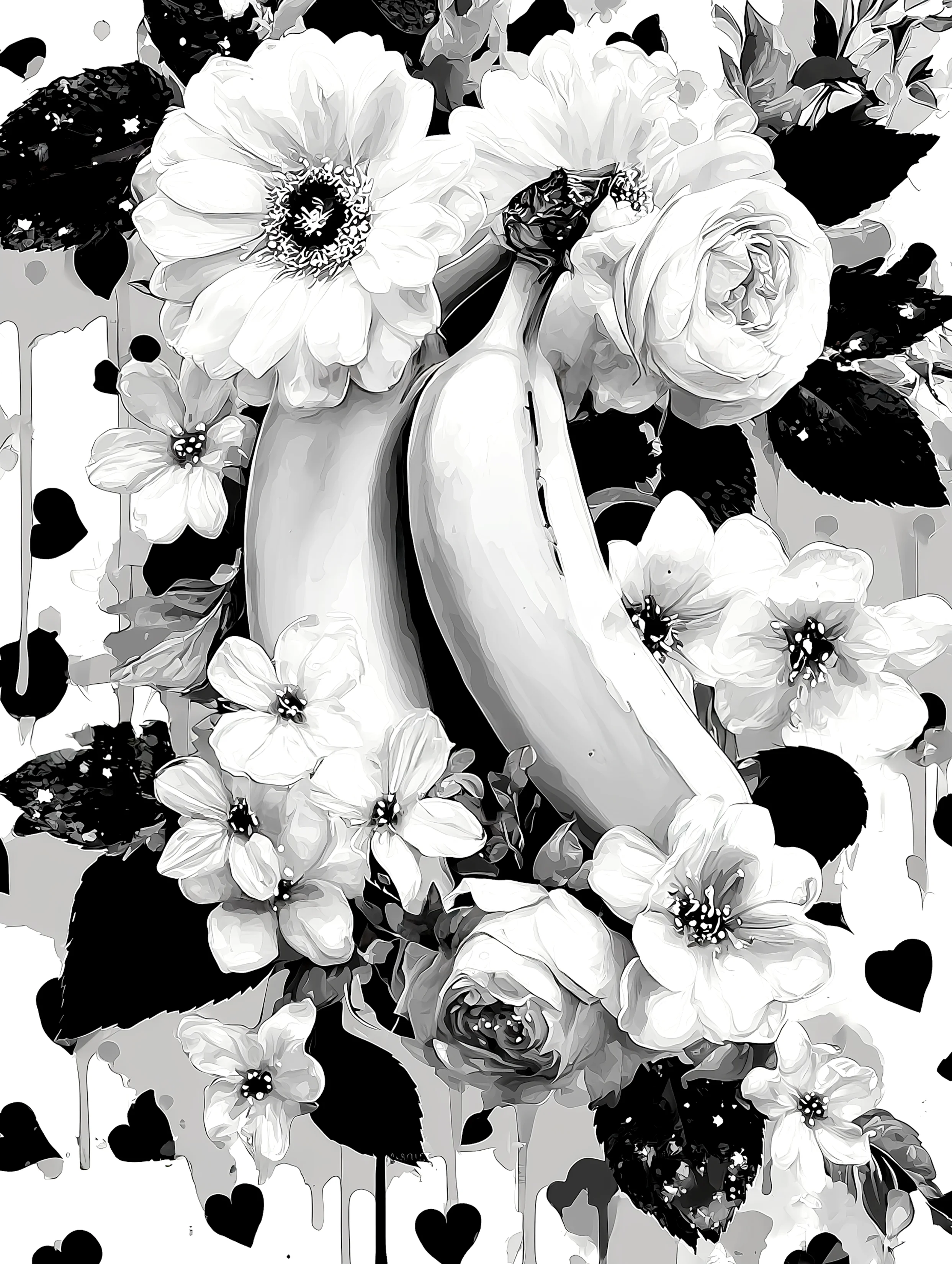 Free printable banana coloring page for adults featuring bunch of bananas coloring sheet behind flowers